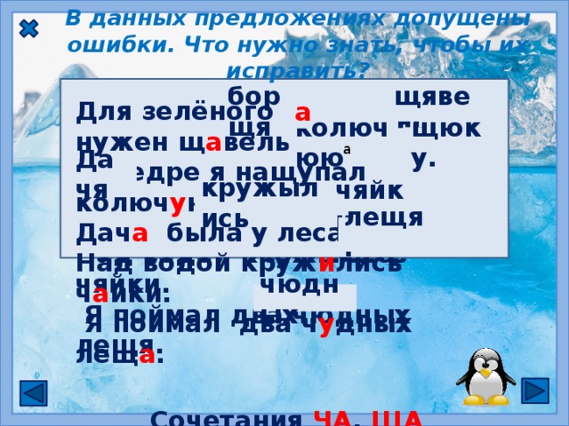 В данных предложениях допущены ошибки. Что нужно знать, чтобы их исправить? Для зелёного борщя нужен щявель.  В ведре я нащупал колючюю щюку. Дачя была у леса. Над водой кружылись чяйки.  Я поймал два чюдных лещя.  Для зелёного нужен щ а вель.  В ведре я нащупал колюч у ю щ у ку. Дач а была у леса. Над водой круж и лись ч а йки.  Я поймал два ч у дных лещ а .  а борщя щявель щюку. колючюю а Дачя кружылись чяйки. лещя . чюдных Сочетания ЧА , ЩА пиши с А Сочетания ЧУ , ЩУ пиши с У  Сочетания ЖИ , ШИ пиши с И 