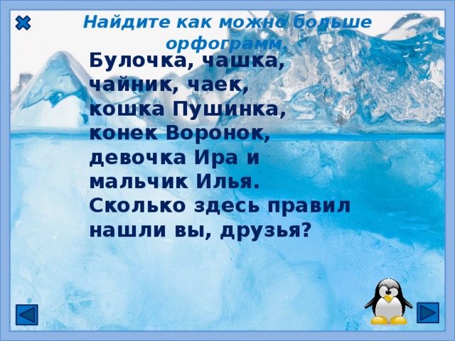 Найдите как можно больше орфограмм. Булочка, чашка, чайник, чаек,  кошка Пушинка, конек Воронок,  девочка Ира и мальчик Илья.  Сколько здесь правил  нашли вы, друзья?   ЧК ЧА ШИ РАЗДЕЛИТЕЛЬНЫЙ МЯГКИЙ ЗНАК СОБСВЕННЫЕ ИМЕНА СУЩЕСТВИТЕЛЬНЫЕ   