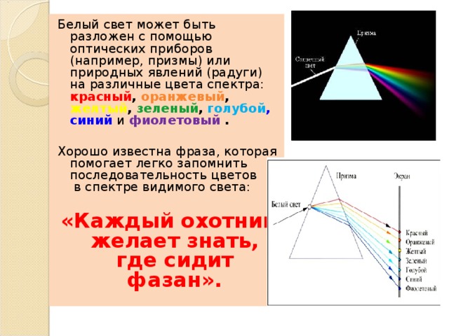 Белый свет может быть разложен с помощью оптических приборов (например, призмы) или природных явлений (радуги) на различные цвета спектра: красный , оранжевый , желтый , зеленый , голубой , синий и  фиолетовый .   Хорошо известна фраза, которая помогает легко запомнить последовательность цветов  в спектре видимого света: «Каждый охотник желает знать, где сидит фазан».  
