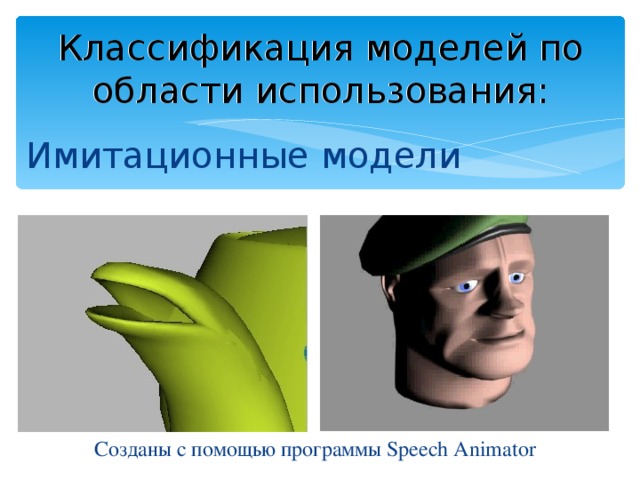 Классификация моделей по области использования: Классификация моделей по области использования: Имитационные модели Созданы с помощью программы Speech Animator