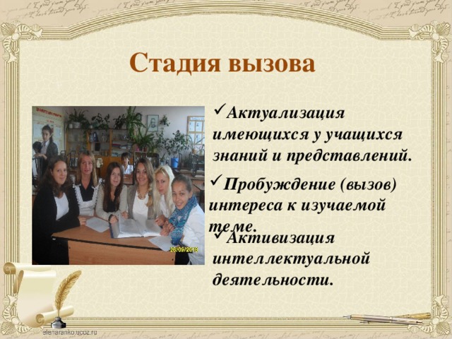Стадия вызова Актуализация имеющихся у учащихся знаний и представлений. Пробуждение (вызов) интереса к изучаемой теме. Активизация интеллектуальной деятельности. 