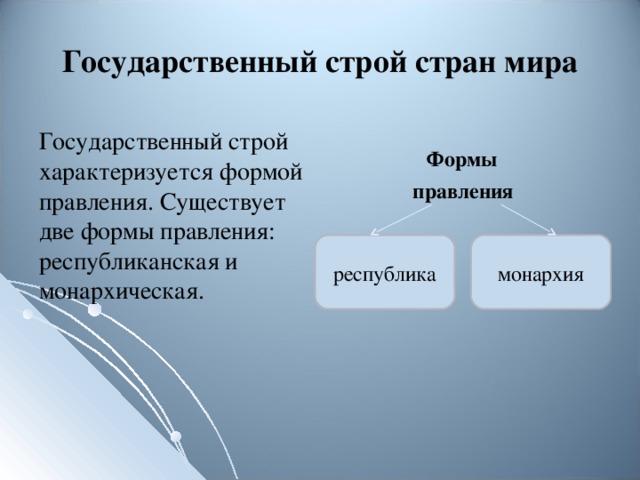 Государственный строй стран мира Государственный строй характеризуется формой правления. Существует две формы правления: республиканская и монархическая.  Формы  правления республика монархия 