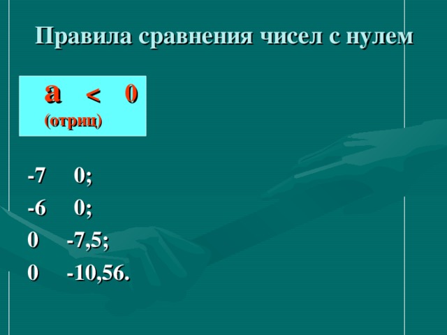 Правила сравнения чисел с нулем  a  0  ( отриц)  -7  0; -6  0; 0  -7,5; 0  -10,56. 