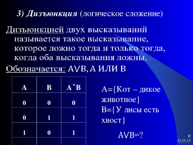 3) Дизъюнкция (логическое сложение) A 0 B 0 0 A ˅ B 1 0 1 1 1 0 1 1 1 А={Кот – дикое животное} В={У лисы есть хвост}   12.11.13