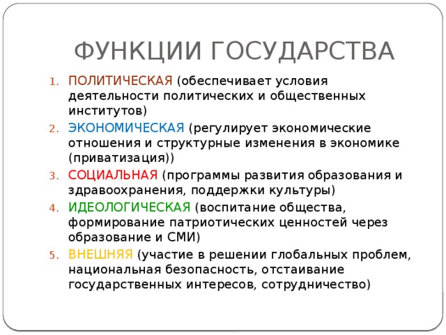 ФУНКЦИИ ГОСУДАРСТВА ПОЛИТИЧЕСКАЯ (обеспечивает условия деятельности политических и общественных институтов) ЭКОНОМИЧЕСКАЯ (регулирует экономические отношения и структурные изменения в экономике (приватизация)) СОЦИАЛЬНАЯ (программы развития образования и здравоохранения, поддержки культуры) ИДЕОЛОГИЧЕСКАЯ (воспитание общества, формирование патриотических ценностей через образование и СМИ) ВНЕШНЯЯ (участие в решении глобальных проблем, национальная безопасность, отстаивание государственных интересов, сотрудничество) 