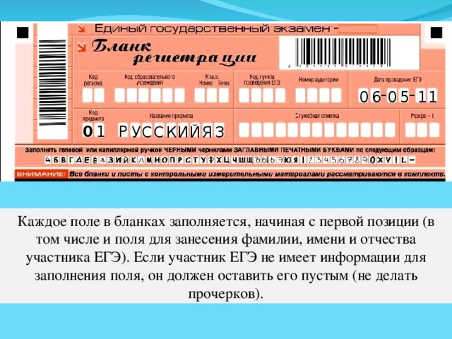 6 0 1 1 5 0 Р 1 0 И Я З Й К С У С Каждое поле в бланках заполняется, начиная с первой позиции (в том числе и поля для занесения фамилии, имени и отчества участника ЕГЭ). Если участник ЕГЭ не имеет информации для заполнения поля, он должен оставить его пустым (не делать прочерков). 