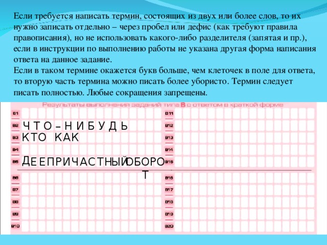 Если требуется написать термин, состоящих из двух или более слов, то их нужно записать отдельно – через пробел или дефис (как требуют правила правописания), но не использовать какого-либо разделителя (запятая и пр.), если в инструкции по выполнению работы не указана другая форма написания ответа на данное задание. Если в таком термине окажется букв больше, чем клеточек в поле для ответа, то вторую часть термина можно писать более убористо. Термин следует писать полностью. Любые сокращения запрещены. Ч Т О – Н И Б У Д Ь А К Т К К О Д Т ОБОРОТ Й Ы Н Ч С А И Р Е Е П 