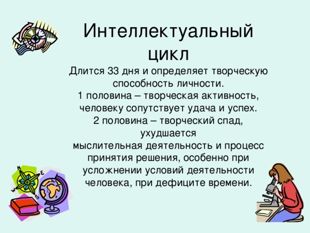 Длится 33 дня и определяет творческую способность личности.  1 половина – творческая активность, человеку сопутствует удача и успех.  2 половина – творческий спад, ухудшается  мыслительная деятельность и процесс принятия решения, особенно при усложнении условий деятельности человека, при дефиците времени. 