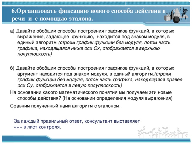 6 .Организовать фиксацию нового способа действия в речи и с помощью эталона. а) Давайте обобщим способы построения графиков функций, в которых выражение, задающее функцию, находится под знаком модуля, в единый алгоритм (строим график функции без модуля, потом часть графика, находящаяся ниже оси Ох, отображается в верхнюю полуплоскость)  б) Давайте обобщим способы построения графиков функций, в которых аргумент находится под знаком модуля, в единый алгоритм. (строим график функции без модуля, потом часть графика, находящаяся правее оси Оу, отображается в левую полуплоскость) На основании какого математического понятия мы получаем эти новые способы действия ? (На основании определения модуля выражения) Сравним полученный нами алгоритм с эталоном . За каждый правильный ответ, консультант выставляет «+» в лист контроля. 