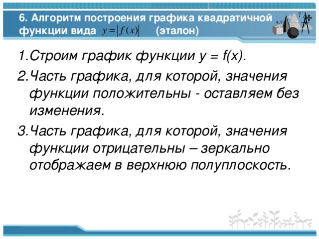 6. Алгоритм построения графика квадратичной функции вида (эталон) 1.Строим график функции у = f (х). 2.Часть графика, для которой, значения функции положительны - оставляем без изменения. 3.Часть графика, для которой, значения функции отрицательны – зеркально отображаем в верхнюю полуплоскость.  