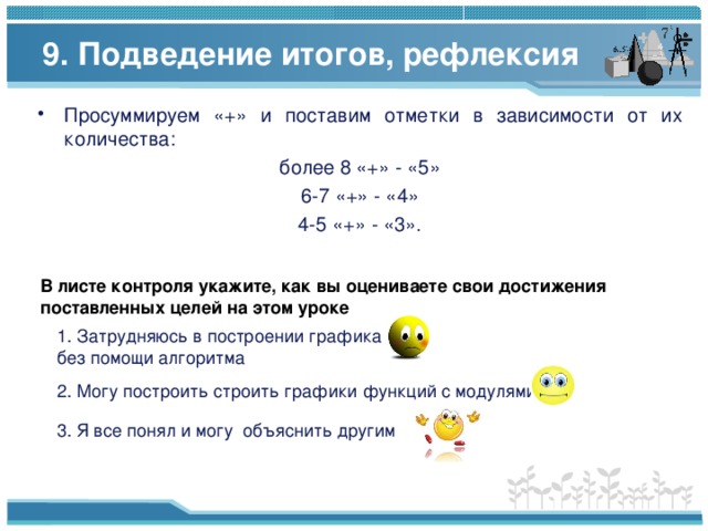 9. Подведение итогов, рефлексия Просуммируем «+» и поставим отметки в зависимости от их количества: более 8 «+»  - «5» 6-7 «+»  - «4» 4-5 «+»  - «3». В листе контроля укажите, как вы оцениваете свои достижения поставленных целей на этом уроке 1. Затрудняюсь в построении графика без помощи алгоритма 2. Могу построить строить графики функций с модулями 3. Я все понял и могу объяснить другим 