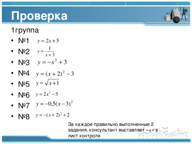 Проверка 1группа № 1 № 2 № 3 № 4 № 5 № 6 № 7 № 8 За каждое правильно выполненные 2 задания, консультант выставляет «+» в лист контроля 