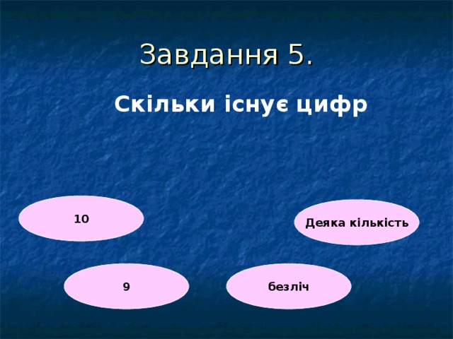 Завдання 5. Скільки існує цифр  10 Деяка кількість 9 безліч 