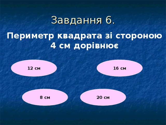 Завдання 6. Периметр квадрата зі стороною 4 см дорівнює  12 см 16 см 20 см 8 см 