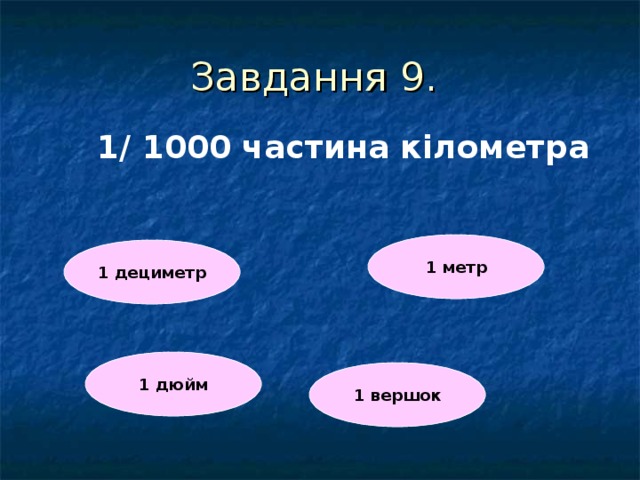 Завдання 9. 1/ 1000 частина кілометра  1 метр 1 дециметр 1 дюйм 1 вершок 