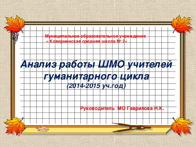 Муниципальное образовательное учреждение  « Ковернинская средняя школа № 2» Анализ работы ШМО учителей гуманитарного цикла  (2014-2015 уч.год) Руководитель МО Гаврилова Н.К. 