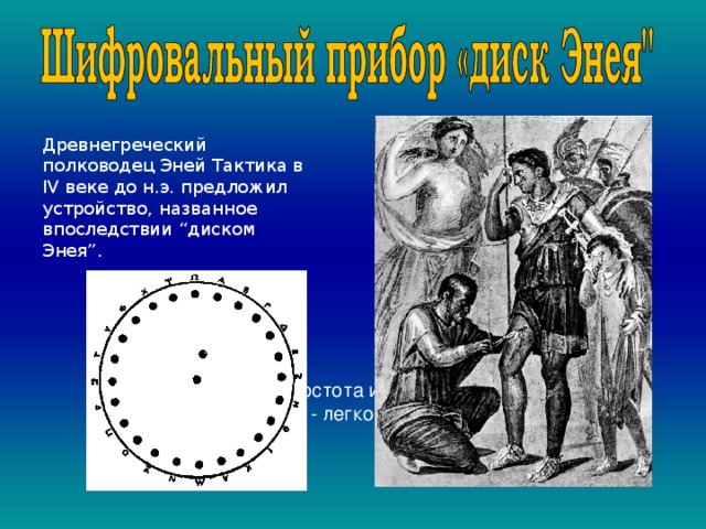 Древнегреческий полководец Эней Тактика в IV веке до н.э. предложил устройство, названное впоследствии “диском Энея”. Достоинства - простота и отсутствие ошибок  Недостатки - легко взламывается 