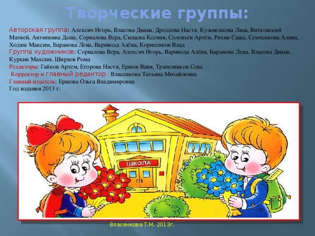 Творческие группы: Авторская группа : Алексич Игорь, Власова Диана, Дроздова Настя, Кузьменкова Лиза, Витковский Матвей, Антипкина Даша, Сорвалова Вера, Силаева Ксения, Соловьёв Артём, Ряхин Саша, Семченкова Алина, Ходюк Максим, Баранова Лена, Варивода Алёна, Корнеенков Влад Группа художников : Сорвалова Вера, Алексич Игорь, Варивода Алёна, Баранова Лена, Власова Диана, Куркин Максим, Ширяев Рома Редакторы : Гайков Артем, Егорова Настя, Ершов Ваня, Трапезников Сева  Корректор и главный редактор : Власенкова Татьяна Михайловна Главный издатель : Ершова Ольга Владимировна Год издания 2013 г. Власенкова Т.М. 2013г.
