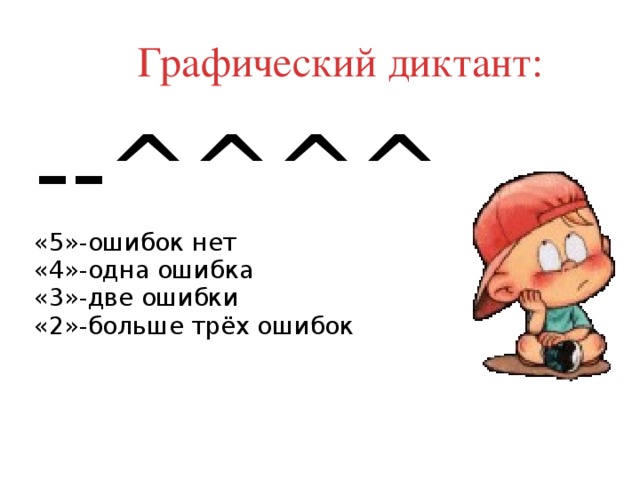 Графический диктант: --^^^^ «5»-ошибок нет «4»-одна ошибка «3»-две ошибки «2»-больше трёх ошибок