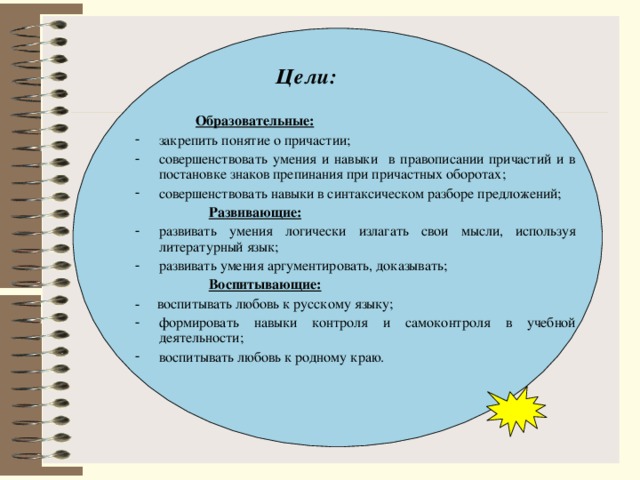 Цели:  Образовательные: закрепить понятие о причастии; совершенствовать умения и навыки в правописании причастий и в постановке знаков препинания при причастных оборотах; совершенствовать навыки в синтаксическом разборе предложений;  Развивающие: развивать умения логически излагать свои мысли, используя литературный язык; развивать умения аргументировать, доказывать;  Воспитывающие: - воспитывать любовь к русскому языку; формировать навыки контроля и самоконтроля в учебной деятельности; воспитывать любовь к родному краю.  
