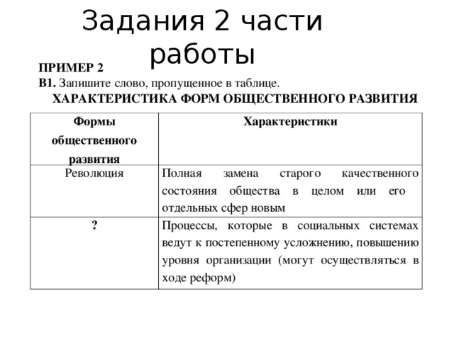 Задания 2 части работы ПРИМЕР 2 В1. Запишите слово, пропущенное в таблице. ХАРАКТЕРИСТИКА ФОРМ ОБЩЕСТВЕННОГО РАЗВИТИЯ Формы общественного развития Характеристики Революция Полная замена старого качественного состояния общества в целом или его отдельных сфер новым ? Процессы, которые в социальных системах ведут к постепенному усложнению, повышению уровня организации (могут осуществляться в ходе реформ) 