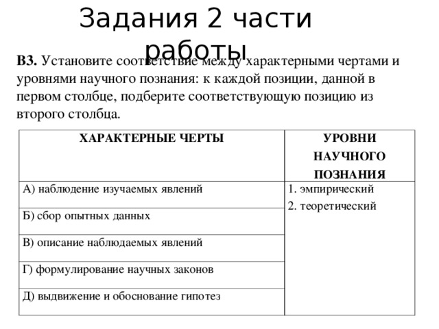 Задания 2 части работы В3. Установите соответствие между характерными чертами и уровнями научного познания: к каждой позиции, данной в первом столбце, подберите соответствующую позицию из второго столбца. ХАРАКТЕРНЫЕ ЧЕРТЫ УРОВНИ НАУЧНОГО ПОЗНАНИЯ А) наблюдение изучаемых явлений 1. эмпирический 2. теоретический Б) сбор опытных данных В) описание наблюдаемых явлений Г) формулирование научных законов Д) выдвижение и обоснование гипотез 