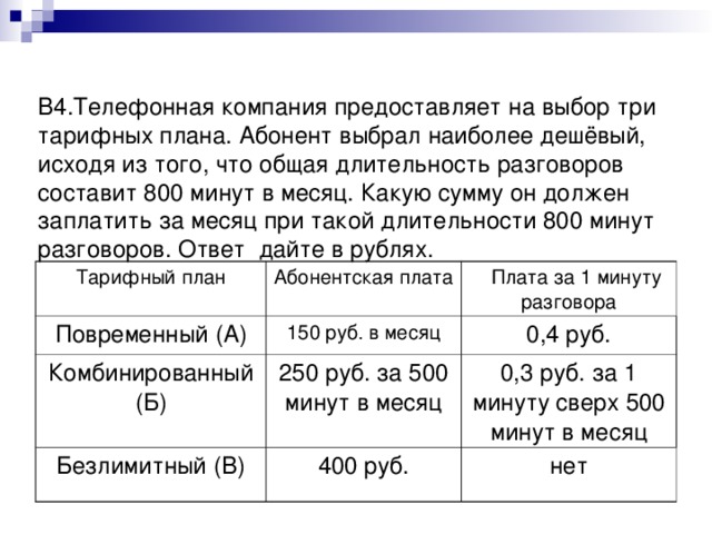 В4.Телефонная компания предоставляет на выбор три тарифных плана. Абонент выбрал наиболее дешёвый, исходя из того, что общая длительность разговоров составит 800 минут в месяц. Какую сумму он должен заплатить за месяц при такой длительности 800 минут разговоров.  Ответ дайте в рублях. Тарифный план Повременный (А) Абонентская плата  Плата за 1 минуту разговора 150 руб. в месяц Комбинированный (Б) 0,4 руб. Безлимитный (В) 250 руб. за 500 минут в месяц 0,3 руб. за 1 минуту сверх 500 минут в месяц 400 руб. нет 