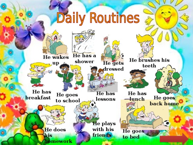 He has a shower He wakes up He brushes his teeth He gets dressed He has breakfast He has lunch He has lessons He goes to school He goes back home He plays with his friends He does his homework He goes to bed  