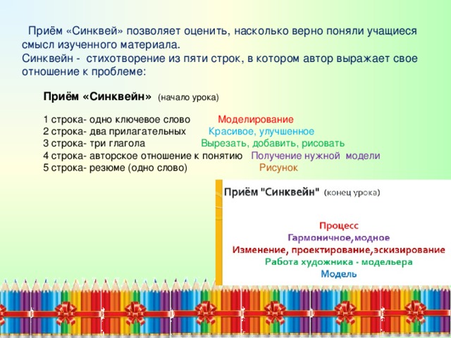      Приём « Синквейн »  (начало урока) 1 строка- одно ключевое слово Моделирование 2 строка- два прилагательных Красивое, улучшенное 3 строка- три глагола Вырезать, добавить, рисовать 4 строка- авторское отношение к понятию Получение нужной модели 5 строка- резюме (одно слово) Рисунок   Приём «Синквей» позволяет оценить, насколько верно поняли учащиеся смысл изученного материала.   Синквейн - стихотворение из пяти строк, в котором автор выражает свое отношение к проблеме:     