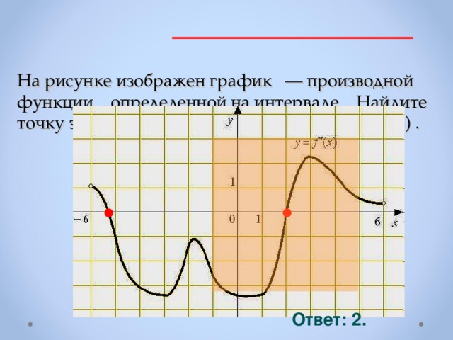 На рисунке изображен график  — производной функции , определенной на интервале . Найдите точку экстремума функции на интервале (-1;5) .     Ответ: 2. 