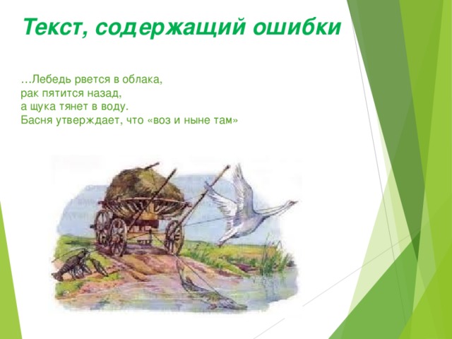 Текст, содержащий ошибки   … Лебедь рвется в облака,  рак пятится назад,  а щука тянет в воду.  Басня утверждает, что «воз и ныне там»   