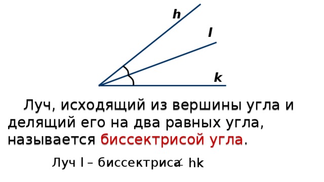 h l k  Луч, исходящий из вершины угла и делящий его на два равных угла, называется биссектрисой угла . Луч l – биссектриса hk