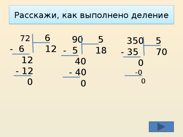 Расскажи, как выполнено деление  72 6 - 6 12  12  - 12  0  90 5 - 5 18  40  - 40  0  350 5 - 35 70  0  -0  0 