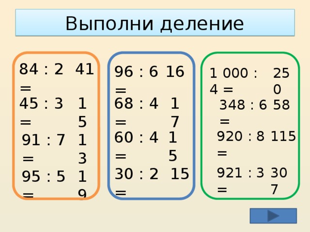 Выполни деление 84 : 2 = 41 96 : 6 = 16 250 1 000 : 4 = 15 45 : 3 = 68 : 4 = 17 58 348 : 6 = 920 : 8 = 115 60 : 4 = 15 13 91 : 7 = 15 30 : 2 = 921 : 3 = 307 19 95 : 5 = 
